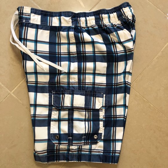 Merona Coastal Blue & White Plaid Swim Trunks Beachy Preppy Vacation - Picture 1 of 11